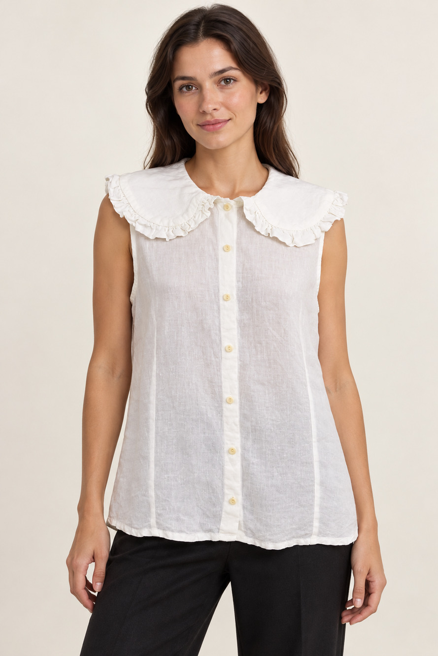 Son de Flor Women's Size XXL Ruffle Sailor Collar White Linen Tank Button Down